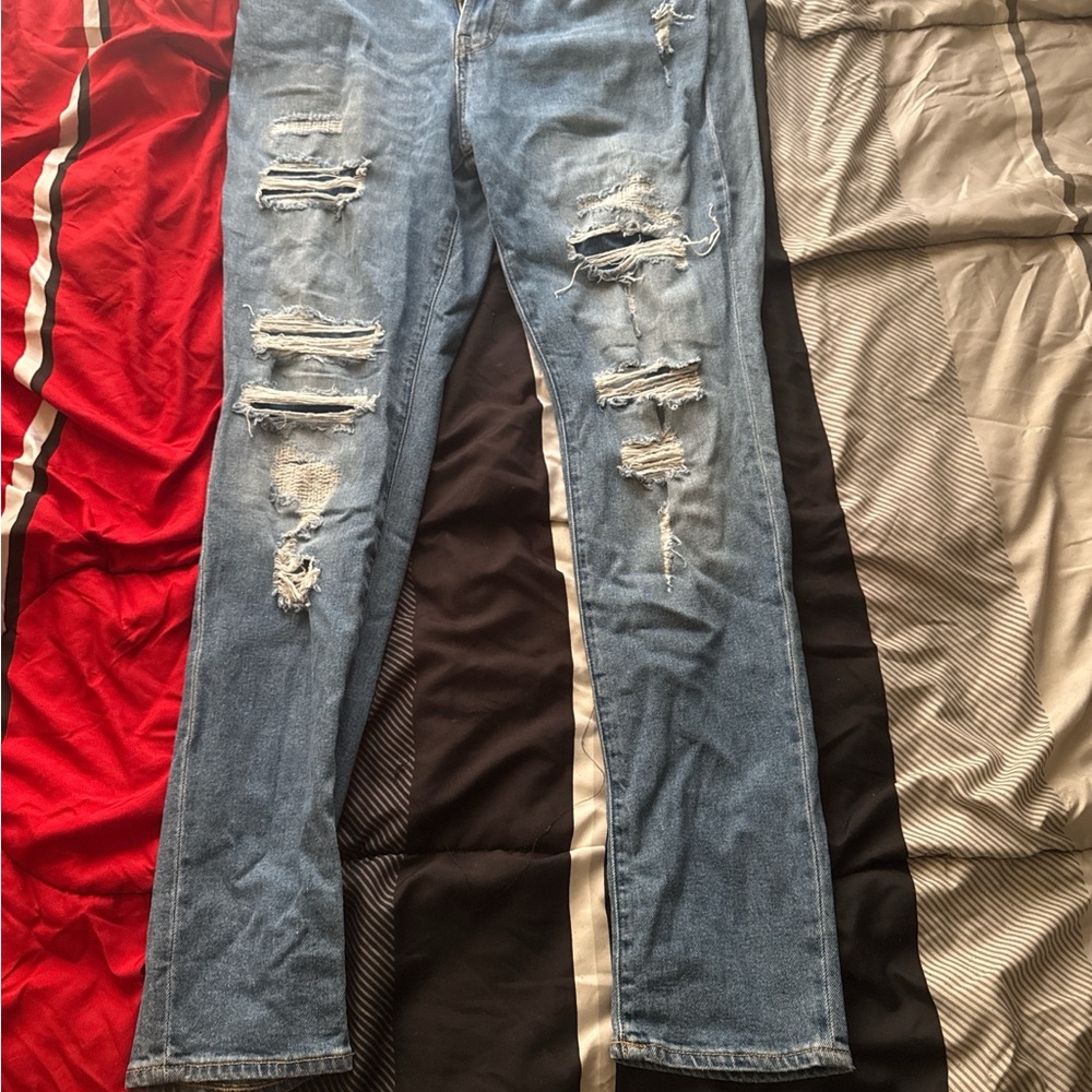 H&M Blue Distressed Slim Straight Jeans